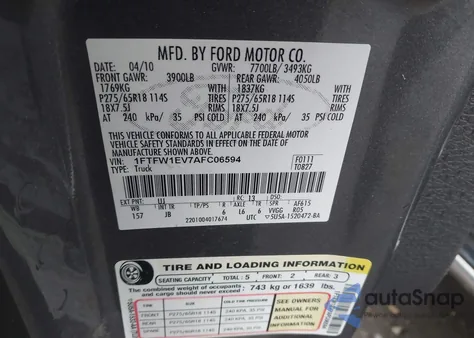 2010 Ford F-150 Fx4/Harley-Davidson/King Ranch/Lariat/Platinum/Xl/Xlt z USA, uszkodzony, nr VIN 1FTFW1EV7AFC06594